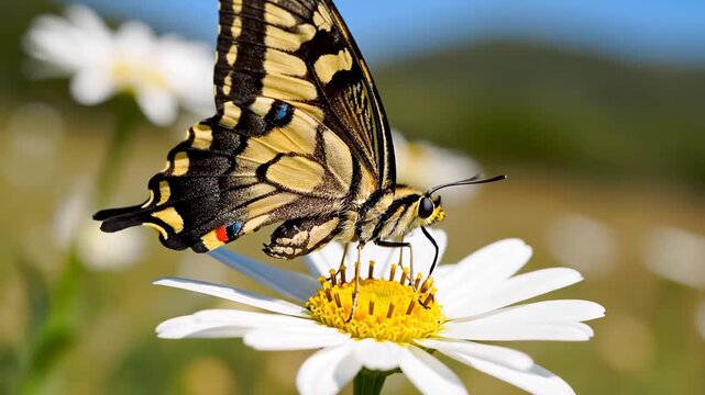 Closeup of a beautiful yellow and black swallowtail butterfly with intricate wing patterns feeding on the nectar of a white daisy flower in a sunny meadow.