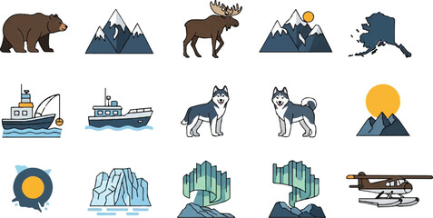 Wildlife and nature icon set bear moose mountains boats huskies and more © putri