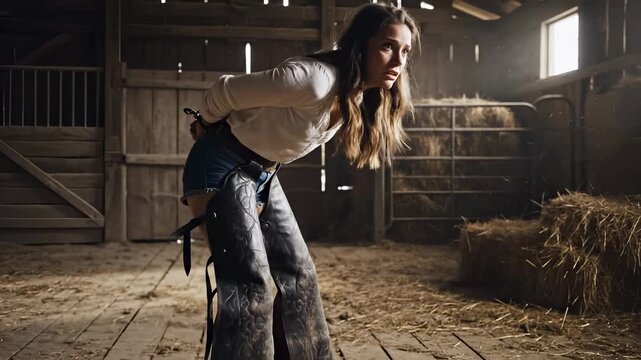 The woman stands in a barn, wearing a top and unique chaps. Light streams through the barn, illuminating the hay and wooden beams around the woman.