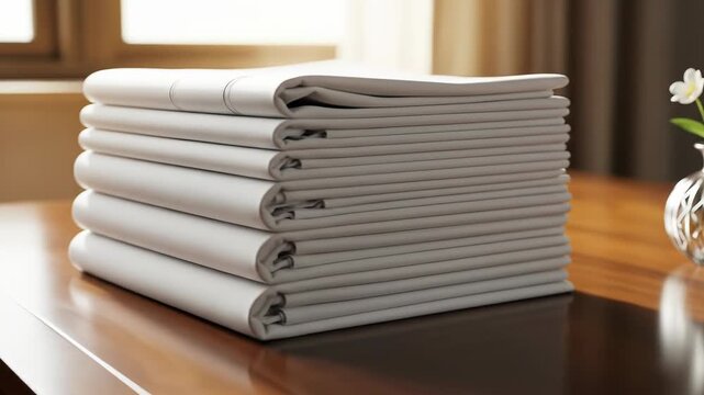 A neatly folded stack of white linen sheets on a wooden table beside a small vase with a single white flower