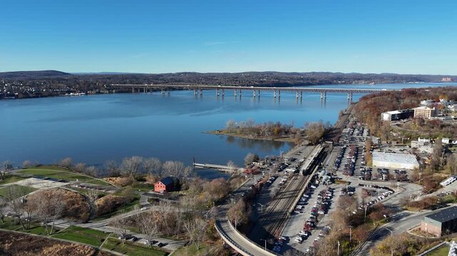 Beacon Train Station and Hudson River Aerial View in Autumn, New York State, USA