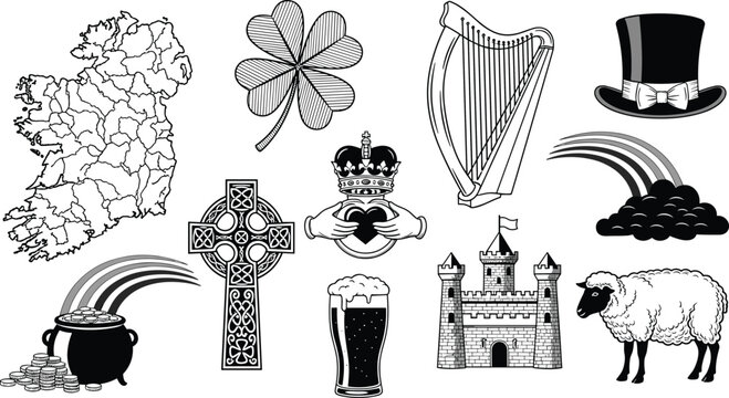 Hand drawn black and white Ireland traditional symbol vector set including shamrock harp pot of gold on a white background.