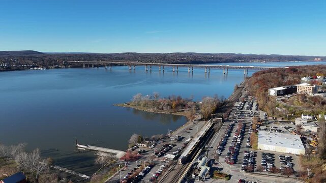 Beacon Train Station and Hudson River Aerial View in Autumn, New York State, USA