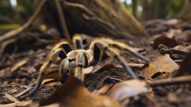 Closeup of a large tarantula walking on forest floor with soft focus background and hairy legs in natural habitat