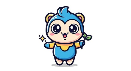 Cute cartoon monkey character with big eyes and a friendly smile, holding a green leaf sprout, symbolizing growth, nature, and adorable children's themes.