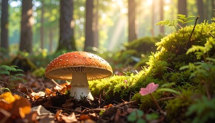 Close-up of a vibrant red-capped mushroom with white spots in a sun-dappled forest scene, surrounded by moss and foliage