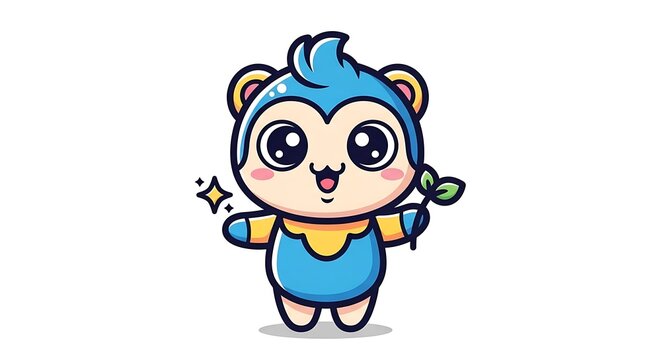 Cute cartoon monkey character with big eyes and a friendly smile, holding a green leaf sprout, symbolizing growth, nature, and adorable children's themes.