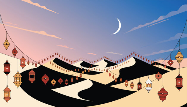 A wide panoramic vector landscape of a desert vally.