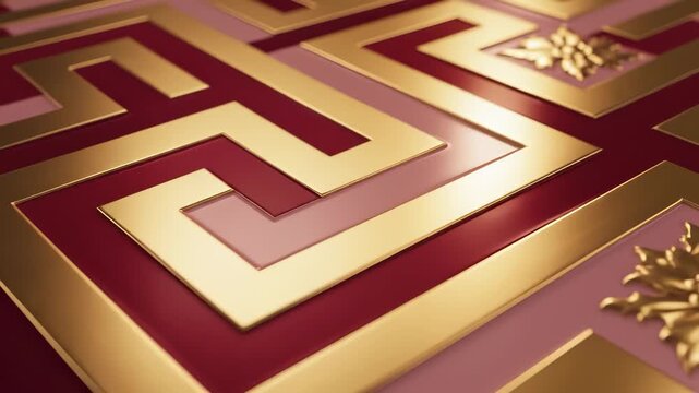 a close-up of a complex gold and red maze design. The maze pattern consists of intricate geometric shapes and lines, creating a striking visual effect.