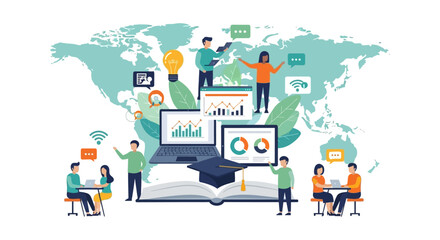Naklejka premium Global Online Education and E-learning Concept. People collaborating worldwide using technology for knowledge sharing, business analytics, and digital learning.