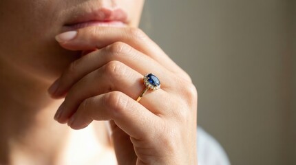 Hand near lips showcasing blue gemstone ring