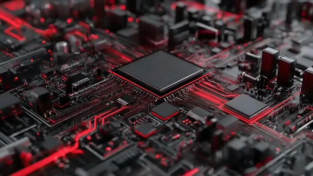 Illuminated pathways within the circuitry: Exploring vibrant, red-lit trails of a modern central processing unit chip