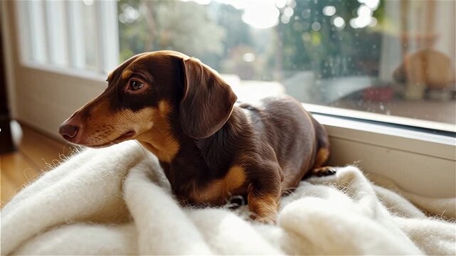 cute dachshund dog resting on sofa at home, ugc handheld slow motion close up, natural light