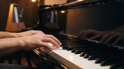 Musician Hands on Piano Keyboard with Reflections