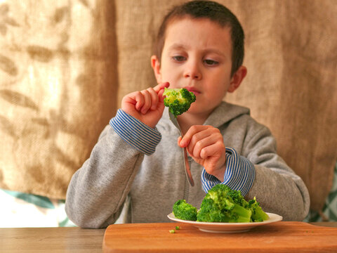 Child exploring texture of healthy broccoli. A young boy sitting at a table pensivey touches a green vegetable floret with his finger, illustrating sensory food exploration and pensive childhood behav