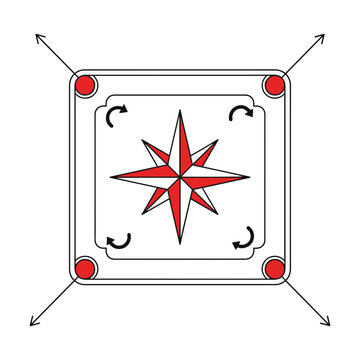 Top view of a carrom board game with a red striker and black coins vector illustration.