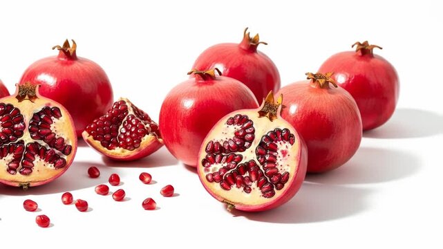 A still life of vibrant red pomegranates, some whole and others halved, showcasing their juicy arils on a pristine white surface