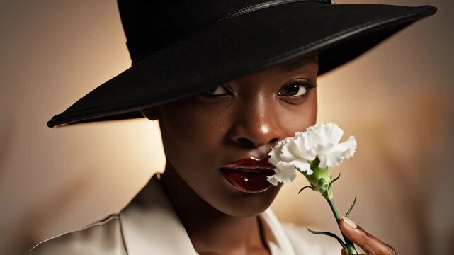 A woman poses elegantly with a white flower near her face, showcasing her striking features. She wears a large black hat that adds to her sophisticated appearance.