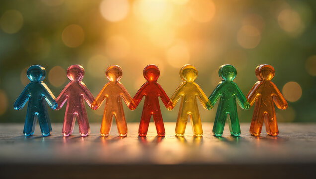 Diverse group of people holding hands in colorful unity