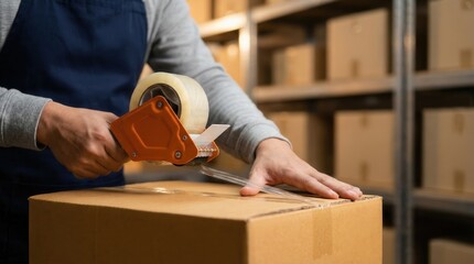 Packing station close-up of box sealing with tape gun