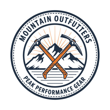Circular outdoor brand with crossed ice axes t-shirt design, and snow peak mountains vector illustration