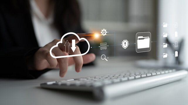 Cloud Computing Technology Concept with User Interacting with Digital Interface and Data Security Symbols Quark.