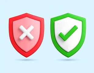 Cartoon-style illustration of two shields one with a red "X" and the other with a green check mark. They both have a 3D aesthetic