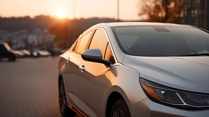 Naklejka premium A silver car parked outdoors during a warm sunset with reflections on its body and a blurred background