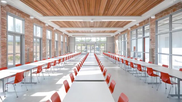 Bright School Cafeteria Interior with Long White Tables and Red Chairs Under Wooden Ceiling and Large Windows