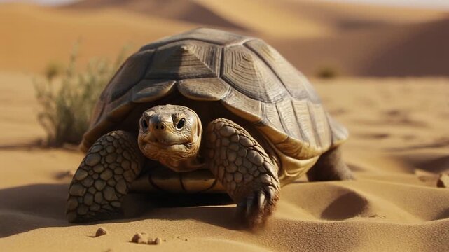 Desert tortoise walking across sand dunes on a hot day in slow motion desert wildlife concept