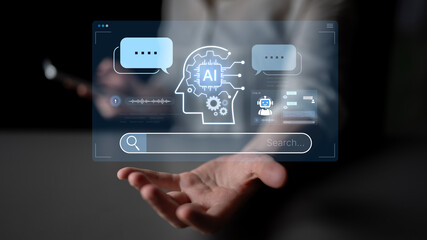 Fototapeta premium Advanced AI cognitive computing concept with human brain and AI gear integration, featuring smart AI search and interactive virtual AI assistant interface for business intelligence. Corpus