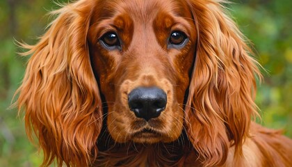 Close-up of a dog with reddish-brown fur and soulful brown eyes. The dog is looking directly at the viewer with a calm expression