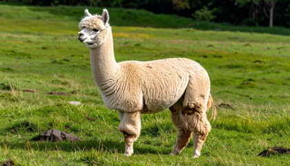 Fototapeta premium Charming White Alpaca Standing Gracefully in a Sunny Green Pasture