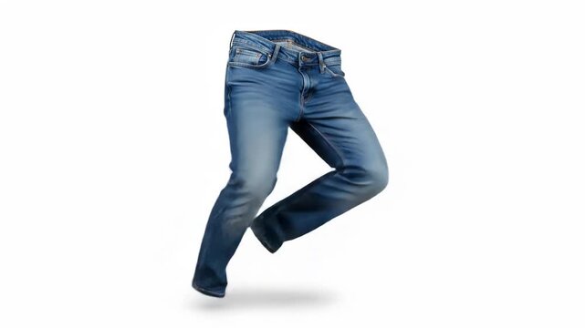 A person's blue jeans with one leg bent in mid-air