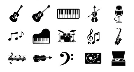 Collection of musical instruments and symbols in black silhouette. © Tama