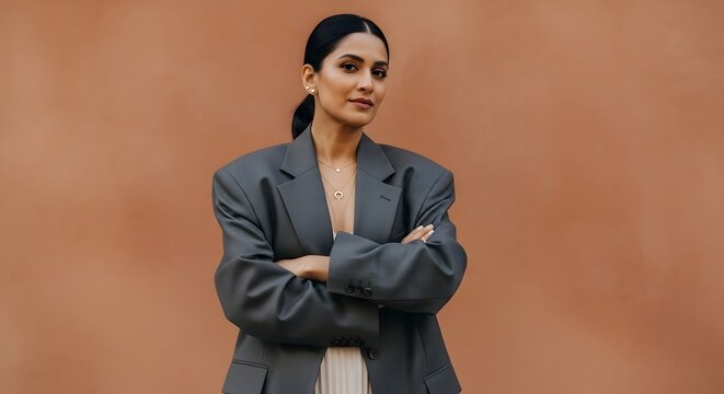 Confident professional woman in oversized grey blazer with crossed arms