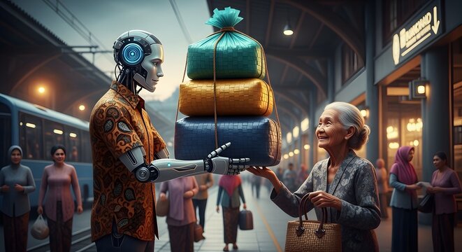 Humanoid robot in batik helping elderly woman carry luggage at station
