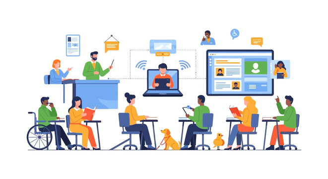 Hybrid Education and Inclusive Classroom Concept. Diverse Students Learning Online and In-Person with Teachers and Digital Technology.