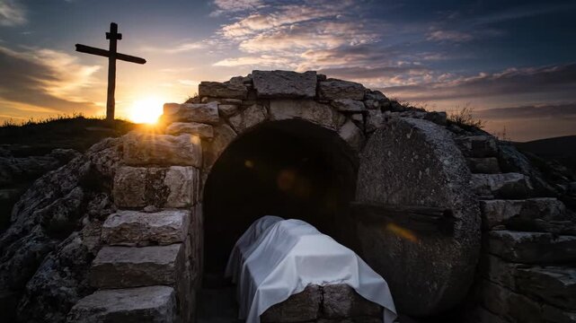 The empty tomb of jesus christ with the stone rolled away at sunrise. Christian easter concept of the resurrection and victory over death. A cross on a hill symbolizing hope and salvation