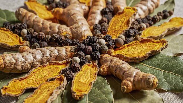 Turmeric roots, dried slices, peppercorns, and bay leaves on fabric