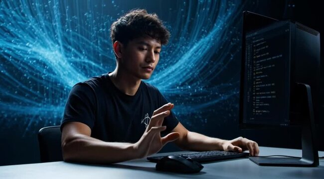 A man intensely working on a computer surrounded by a vibrant blue digital network at night
