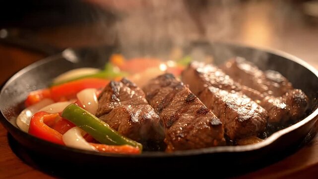 Sizzling fajita with steak and vegetables on a hot skillet
