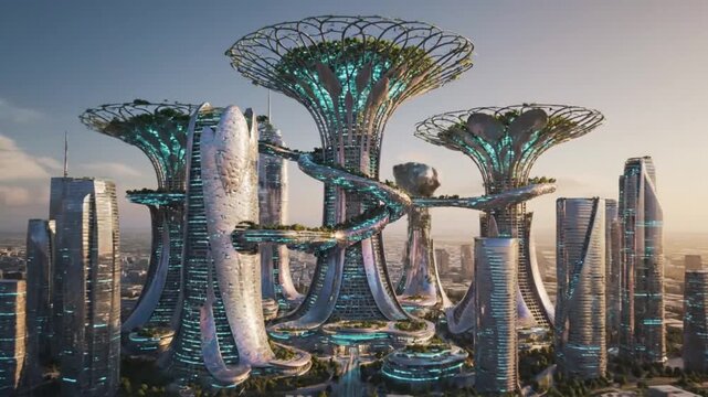 Futuristic cityscape with sleek, silver, mushroom-shaped skyscrapers and modern architecture in a bustling metropolis at dusk from a low-angle viewpoint