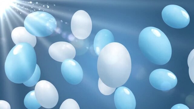 Abstract blue and white eggs floating in sunlight, soft pastel Easter background with lens flare, ethereal 3D egg shapes drifting in blue space