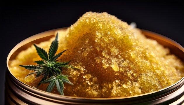 close up of golden thca cannabis sugar in tin jar on dark background