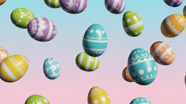 Colorful Easter eggs falling on pastel gradient background, vibrant 3D rendered holiday eggs with patterns, festive spring celebration motion graphics