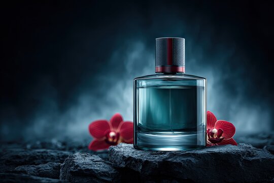 Elegant Blue Perfume Bottle Surrounded by Red Orchids on Dark Stone Surface in Dramatic Lighting