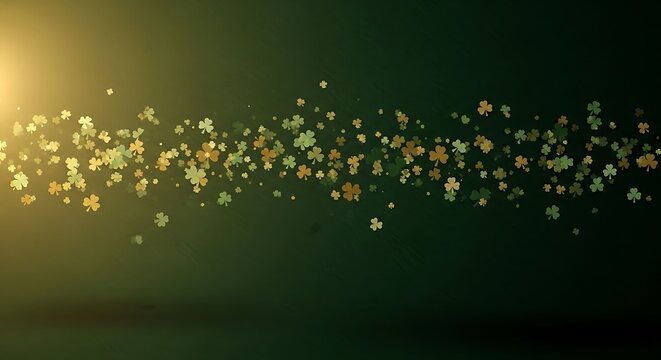 Golden flowers scattered across a dark green background with a glowing light source from the top left corner, viewed from a straight-on perspective