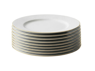 A stack of white plates with gold trim isolated on transparent background
