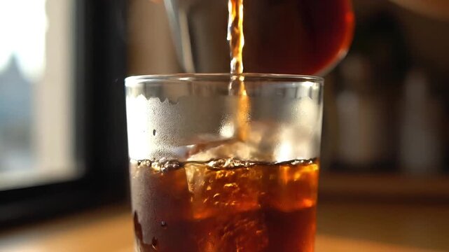 pouring cola in a glass , drinking cola and tea